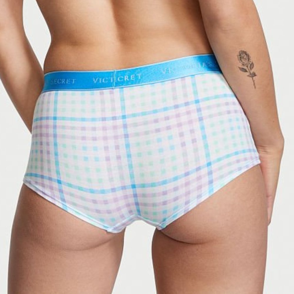 VS XXL Logo Waist Boyshort Panty Blue Gingham Love NWT Last Pair!